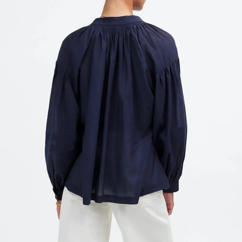 NWT Madewell Shirred Long-Sleeve Flowy V-Neck Top Ink Navy Blue Size Small - Picture 2 of 10